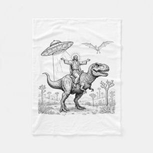 Jesus Riding Dinosaur T-rex Ufo Hunting Alien Sci- Fleece Blanket