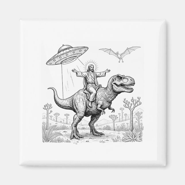 Jesus Riding Dinosaur T-rex Ufo Hunting Alien Sci- Magnet (Front)