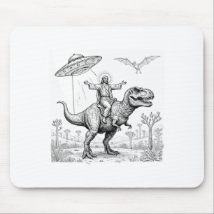 Jesus Riding Dinosaur T-rex Ufo Hunting Alien Sci- Mouse Mat