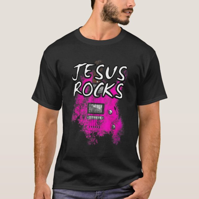 Jesus Rocks Guitar Electric Guitarist Christian Wo T-Shirt (Front)