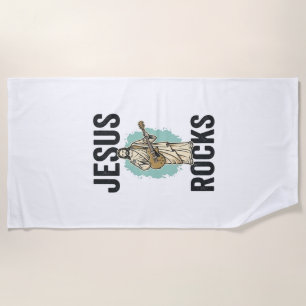 Jesus Rocks Guitar Vintage Christian Engraving Des Beach Towel
