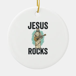Jesus Rocks Guitar Vintage Christian Engraving Des Ceramic Tree Decoration