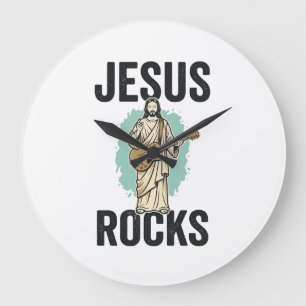 Jesus Rocks Guitar Vintage Christian Engraving Des Large Clock