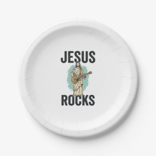 Jesus Rocks Guitar Vintage Christian Engraving Des Paper Plate