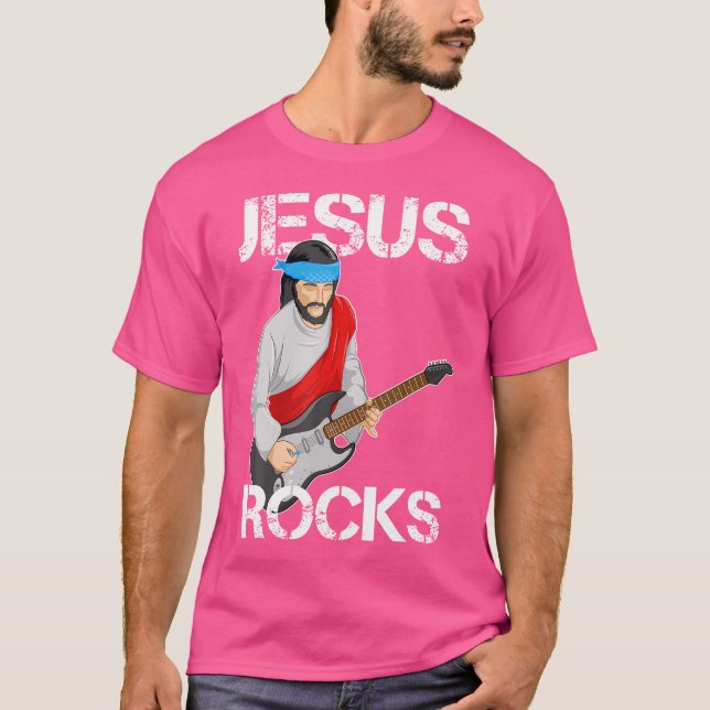 Jesus Rocks On Electric Guitar Funny Christian T T-Shirt (Front)