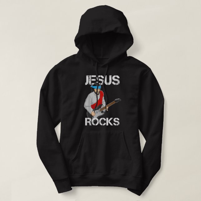 Jesus Rocks on Electric Guitar Hoodie (Design Front)