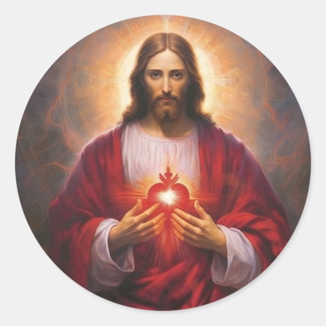 Jesus sacred heart oil painting classic round sticker (Front)