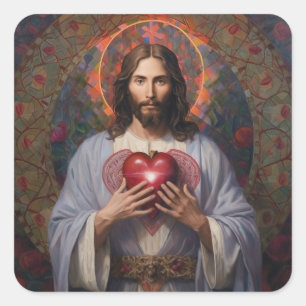 Jesus sacred heart oil painting square sticker