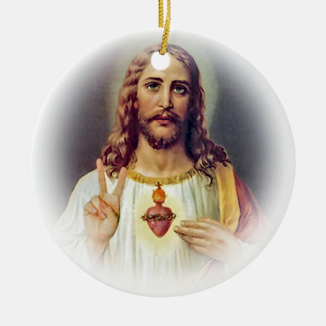 Jesus Sacred Heart Peace Sign Portrait Ceramic Tree Decoration (Front)