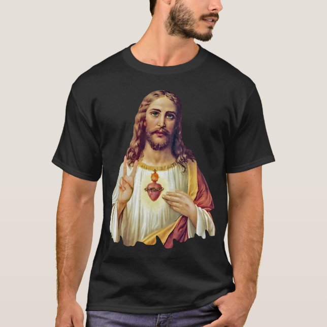 Jesus Sacred Heart Peace Sign Portrait T-Shirt (Front)