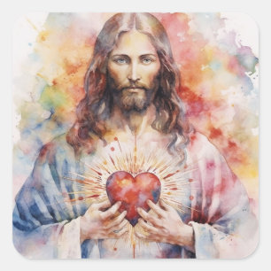 Jesus sacred heart watercolor square sticker
