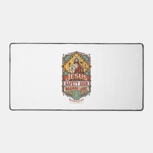 Jesus Safety Sign Warning Label Jesus Safety Sign  Desk Mat