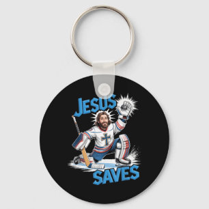 Jesus Save Hockey Goalie Ice Skating Sports Skater Key Ring
