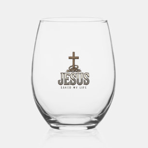 Jesus Saved My Life Vintage Engraving Christian De Stemless Wine Glass