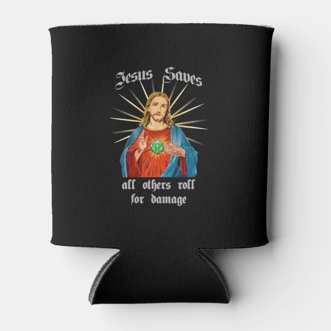 Jesus Saves All Others Roll For Damage RPG Retro G Can Cooler (Front)