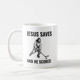 Jesus Saves and He Scores - Jesus Hockey Meme Coffee Mug