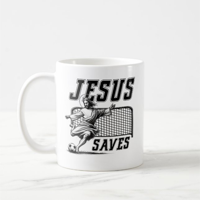 Jesus Saves and Scores - Funny Jesus Soccer Meme Coffee Mug (Left)