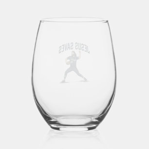 Jesus Saves Baseball Pitcher Vintage Engraving Shi Stemless Wine Glass