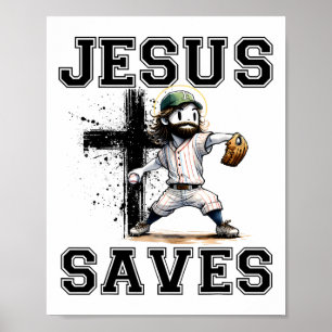 Jesus Saves Baseball Religious Christian Faith Cro Poster