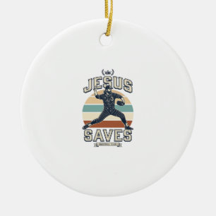 Jesus Saves Baseball Vintage Christian Vector Desi Ceramic Tree Decoration