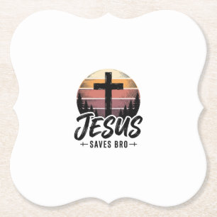 Jesus Saves Bro Vintage Christian Cross Shirt Desi Paper Coaster