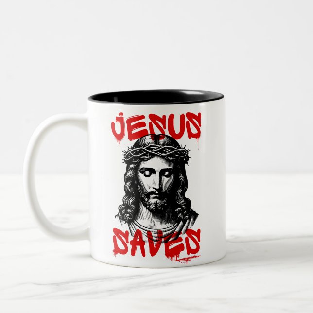 Jesus Saves graffiti style Two-Tone Coffee Mug (Left)
