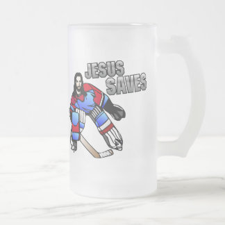 JESUS SAVES HOCKEY GOALIE FROSTED GLASS BEER MUG
