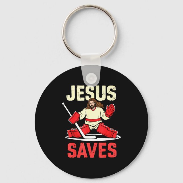 Jesus Saves Ice Hockey Goalie Player Christian Fun Key Ring (Front)