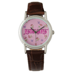 ‘Jesus Saves’ Quote with Floral Print on Pink Watch