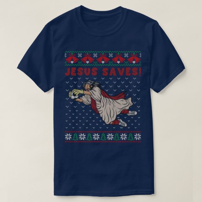 Jesus Saves Soccer Goal Keeper Ugly Christmas Swea T-Shirt (Design Front)