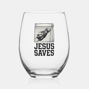 Jesus Saves Soccer Goalie Vintage Engraving Shirt_ Stemless Wine Glass