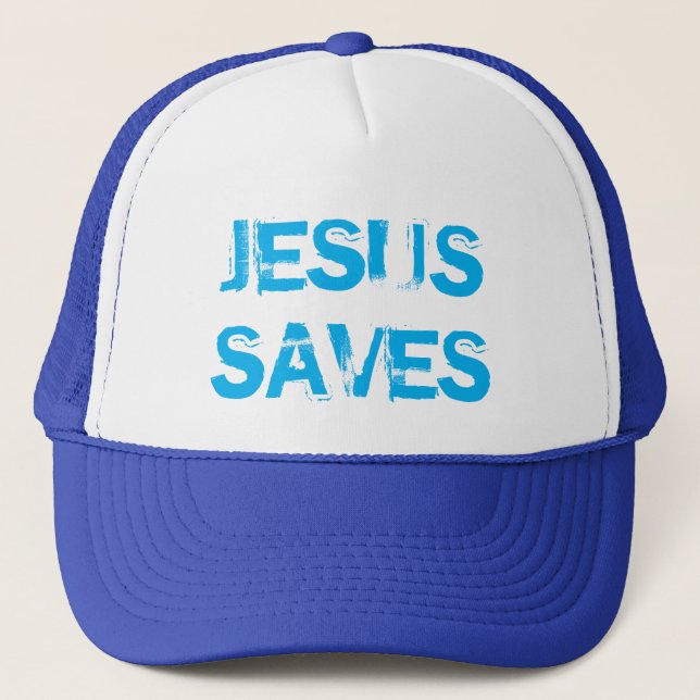 JESUS SAVES TRUCKER HAT - WHITE & ROYAL (Front)