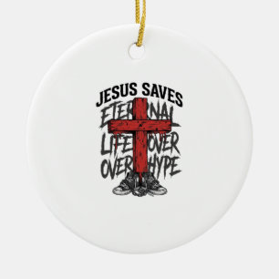 Jesus Saves Vintage Cross Christian Streetwear Shi Ceramic Tree Decoration
