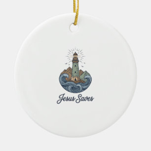 Jesus Saves Vintage Lighthouse Christian Shirt_1 Ceramic Tree Decoration