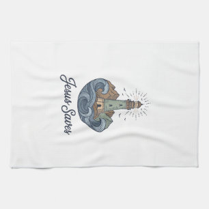 Jesus Saves Vintage Lighthouse Christian Shirt_1 Tea Towel