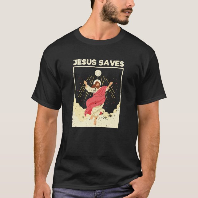 Jesus saves volleyball player Christ Bible verse T-Shirt (Front)