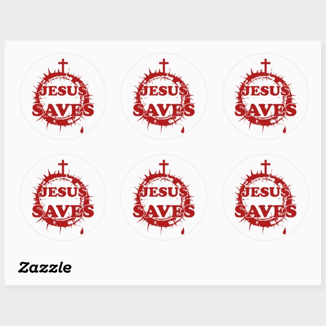 Jesus Saves with Cross and Crown of Thorns Classic Round Sticker (Sheet)