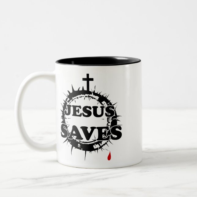 Jesus Saves with Cross and Crown of Thorns Two-Tone Coffee Mug (Left)