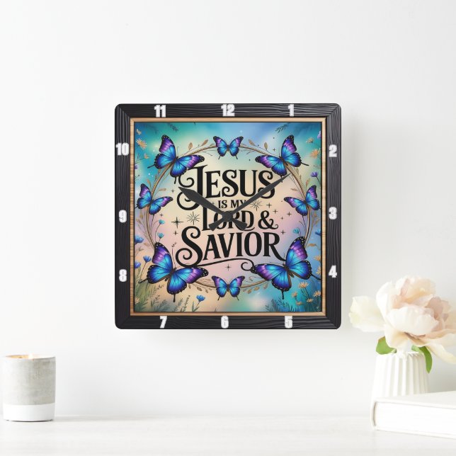 Jesus Saviour Floral Butterfly Square Wall Clock (Home)