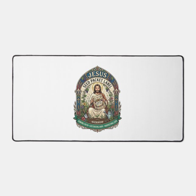 Jesus Seed Packet Label Jesus Seed Packet Christia Desk Mat (Front)
