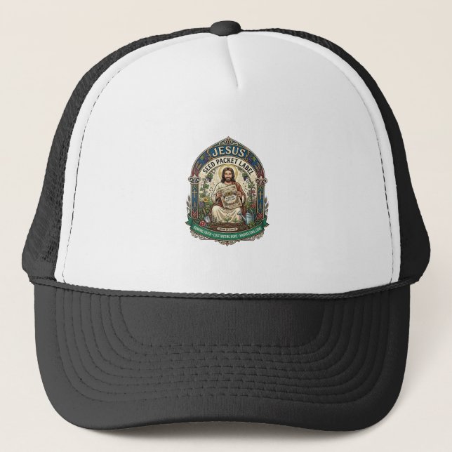 Jesus Seed Packet Label Jesus Seed Packet Christia Trucker Hat (Front)