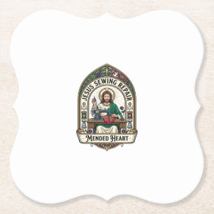 Jesus Sewing Repair Mended Heart Jesus Sewing Repa Paper Coaster