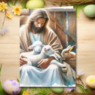Jesus sitting with Lambs and Bunny Easter Card