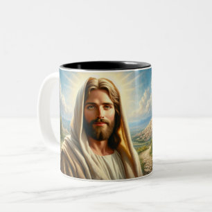Jesus Smiling Under a Heavenly Sky Two-Tone Coffee Mug