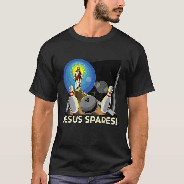 Jesus Spares Funny Christian Bowling Pun T-Shirt (Front)