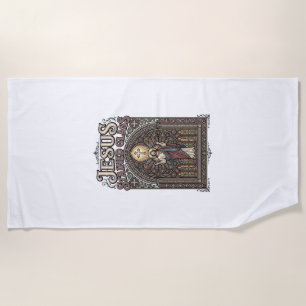 Jesus Stained Glass Jesus Stained Glass Cathedral Beach Towel