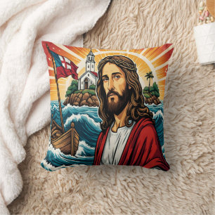 Jesus standing by the sea with a boat at sunset cushion