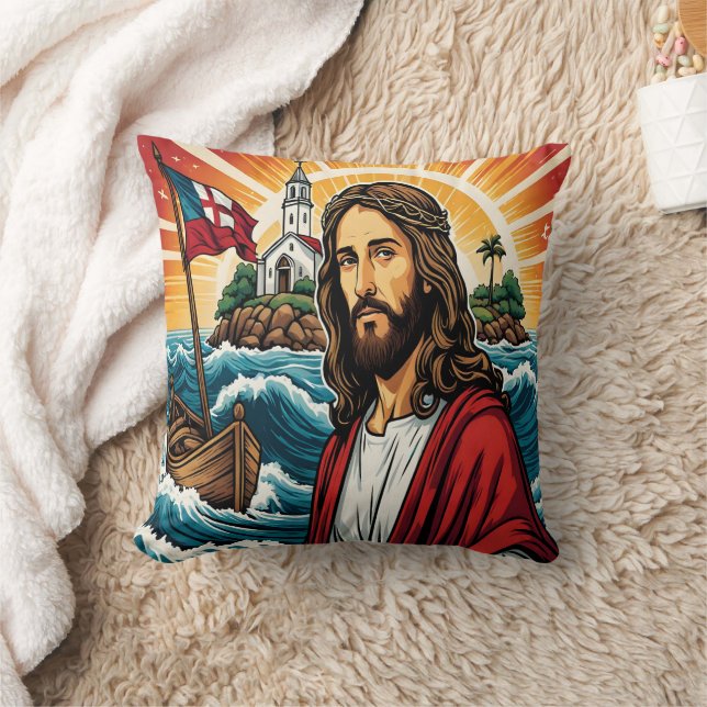 Jesus standing by the sea with a boat at sunset cushion (Blanket)