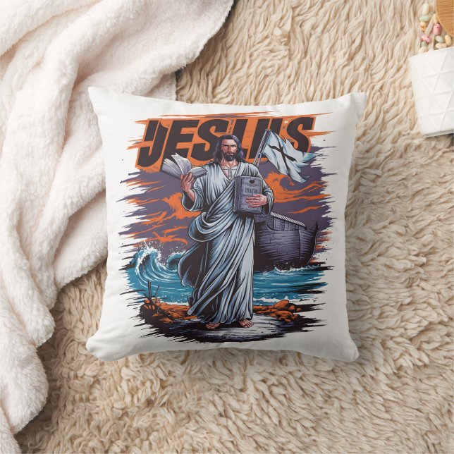 Jesus standing by the sea with a book and boat cushion (Blanket)