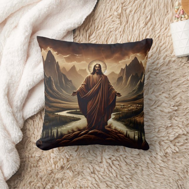 Jesus Standing in Majestic Mountains at Dusk Cushion (Blanket)